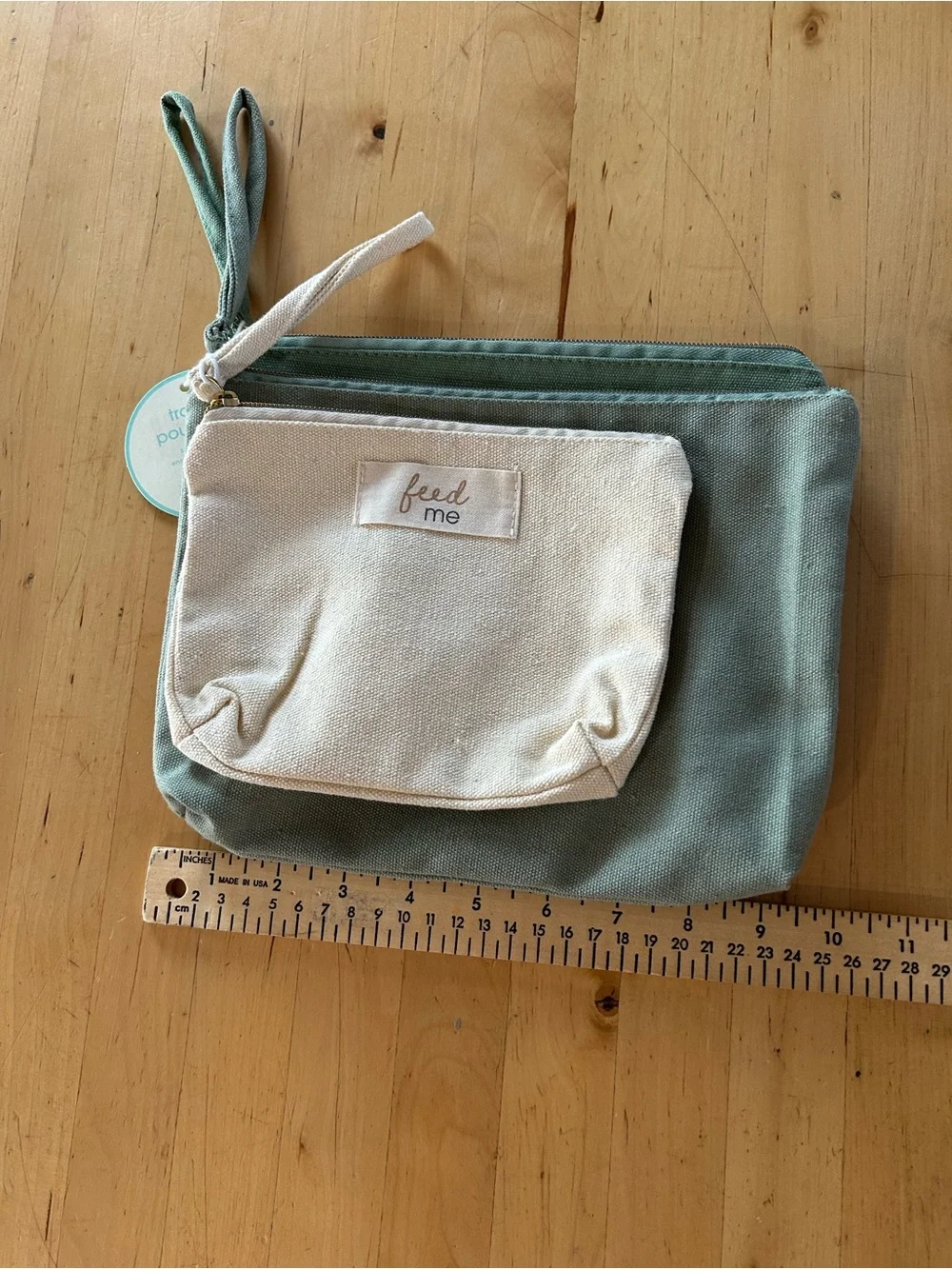 Pearhead 3-Piece Canvas Travel Pouch Set Sage Green Cream NWT